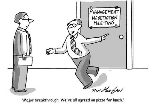 'Major breakthrough! We've all agreed on Pizza for lunch.'