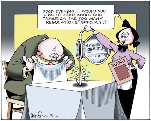 "Good Evening. . . would you like to hear about our 'America has too many regulations' specials . . . ?"