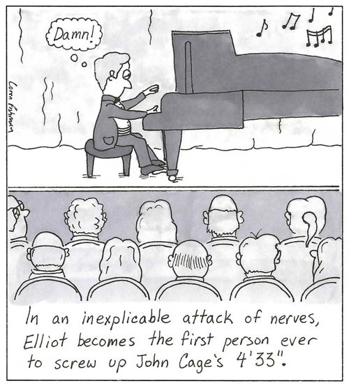 'In an inexplicable attack of nerves, Elliot becomes the first person ever to screw up John Cage's 4'33'.