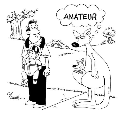 Kangaroo looks at man with child carrier and thinks 'Amateur'.