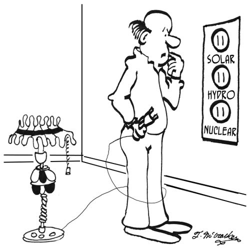 A man about to plug in a lamp looks at electric sockets on the wall that say 'Solar,' 'Hydro Electric' and 'Nuclear.'