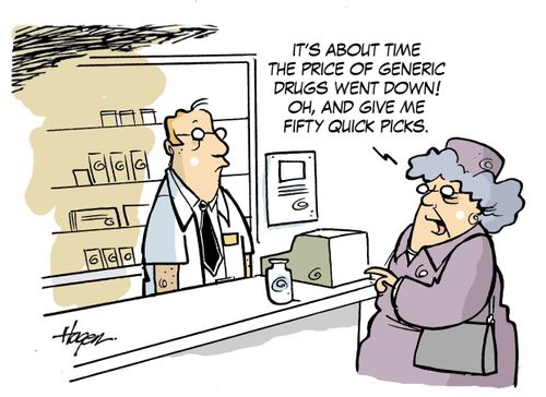 "It's about time the price of generic drugs went down! Oh, and give me fifty quick picks."