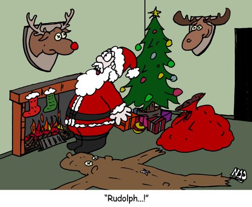 Rudolph's head is mounted on wall over fireplace.