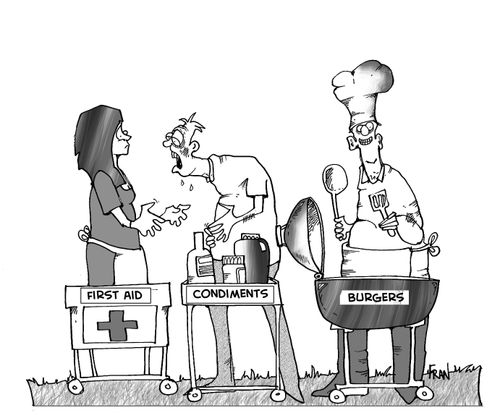 Burgers....condiments...First Aid.