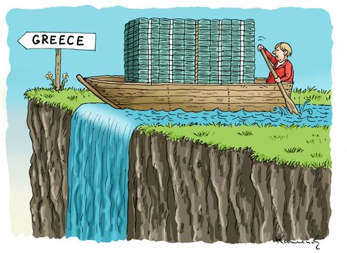 Merkel delivering funds to Greece.