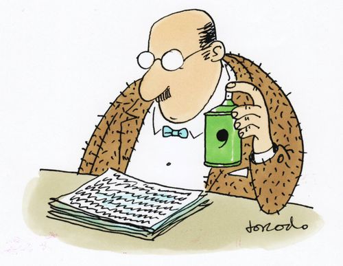 Writer with punctuation spray.
