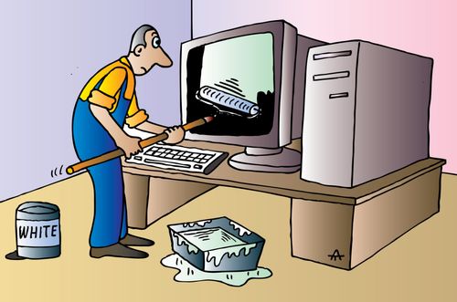 Man painting over a computer screen.