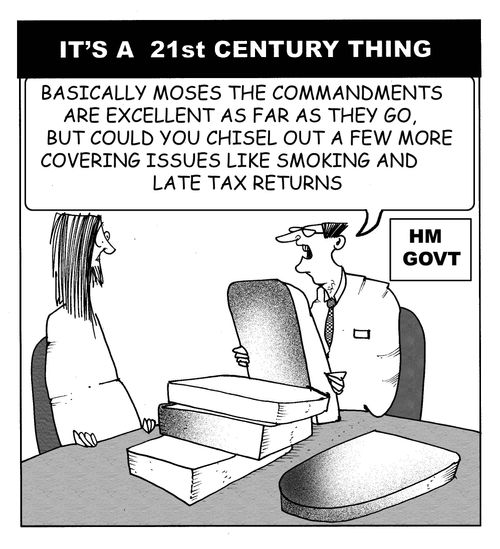 "Basically, Moses, the commandments are excellent as far as they go, but could you chisel out a few more covering issues like smoking and late tax returns?"