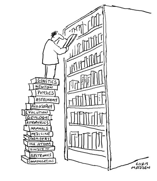 A person reading an advanced book, standing on the pile of other books that he's had to read in order to become knowledgable enough to reach/read it.
