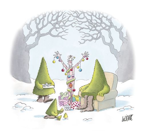 Man dressed as Christmas tree.