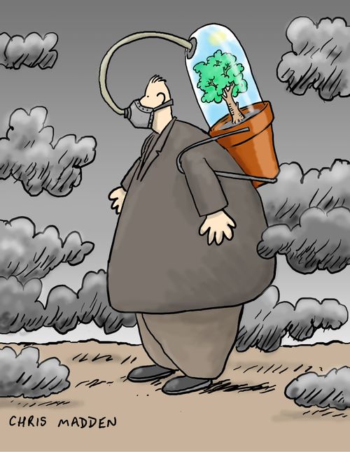 A person breathing using the oxygen generated by a tree inside breathing apparatus