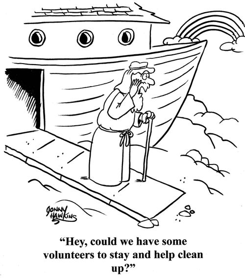 Noah calls out: 'Hey, could we have some volunteers to stay and help clean up?'