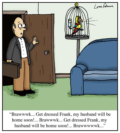'Brawk...Get dressed Frank, my husband will be home soon!...Brawwwk... Get dressed Frank, my husband will be home soon!...Brawwwk...'