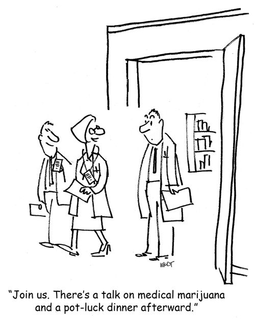 'Join us. There' a talk on medical marijuana and a pot-luck dinner afterward.'