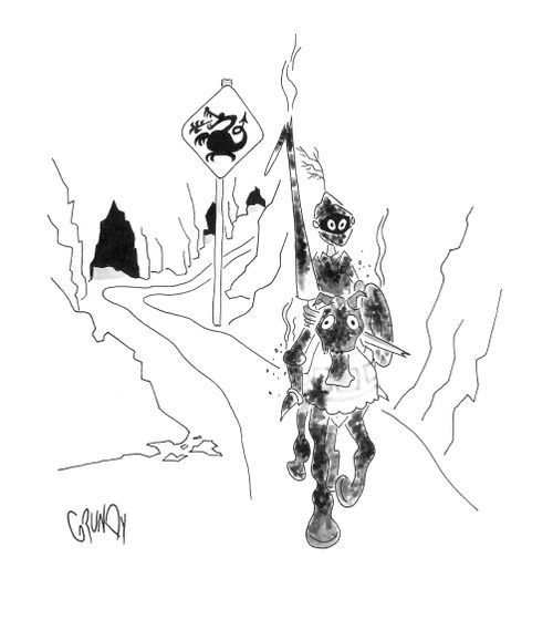 Scorched knight on horseback passes 'Dragon Crossing' sign.