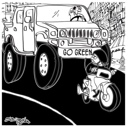 Man in gas guzzler has a 'Go Green' registration.