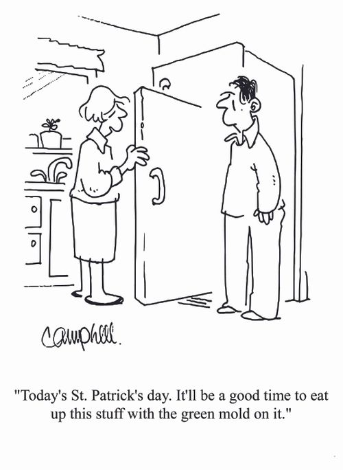 'Today's St. Patrick's day. It'll be a good time to eat up this stuff with the green mold on it.'