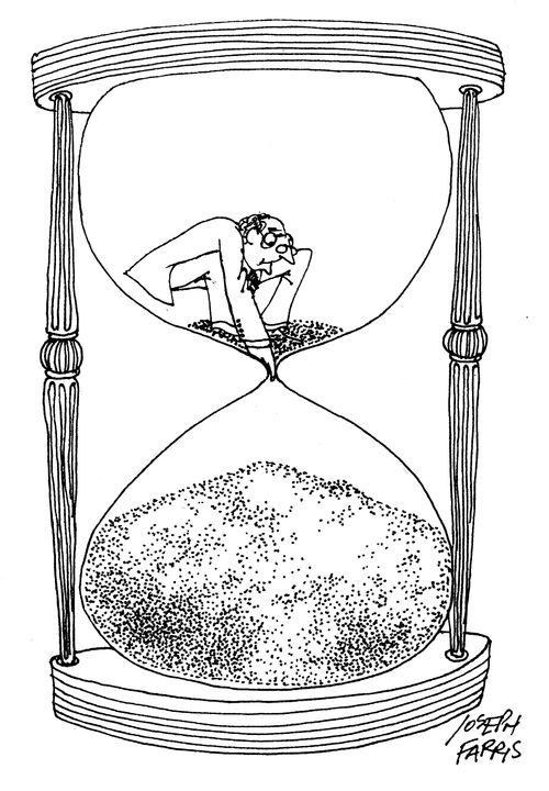 Man falling through sand timer.