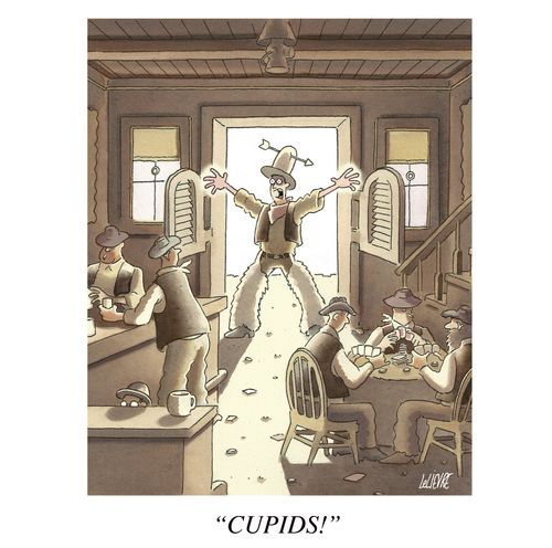 Cowboy with arrow in hat shouting 'CUPIDS!'