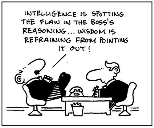 'Intelligence is spotting the flaw in the boss's reasoning. Wisdom is refraining from pointing it out'