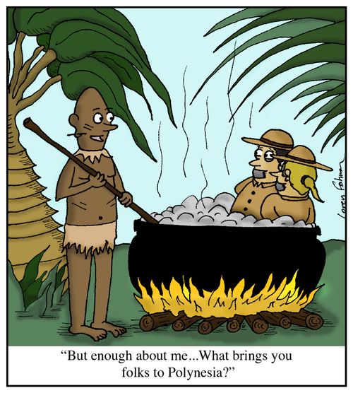 'But enough about me...What brings you folks to Polynesia?'
