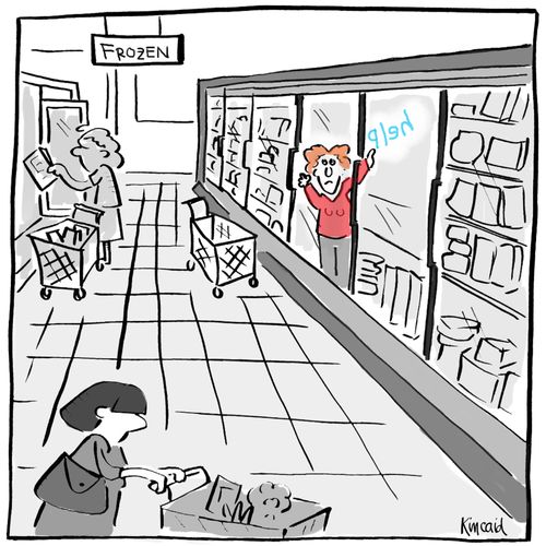Woman stuck in frozen aisle. 