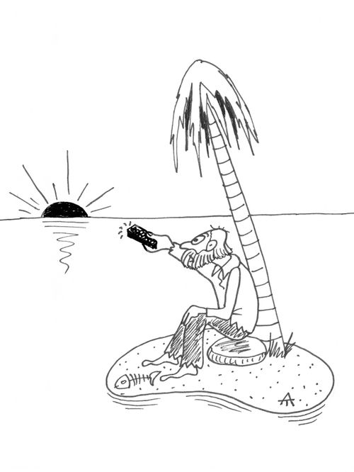 Man on desert island points a remote controller at the sunset.