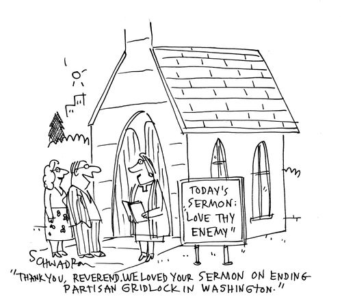 'Thank you, Reverend. We loved you sermon on ending partisan gridlock in Washington.'