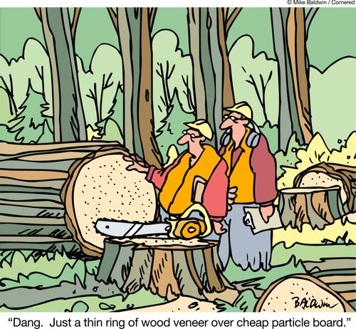 "Dang.  Just a thin ring of wood veneer over cheap particle board."