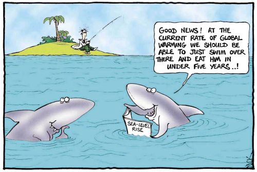 'Good news! At the current rate of global warming we should be able to just swim over there and eat him in under five years.'