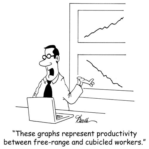 'These graphs represent productivity between free-range and cubicled workers.'