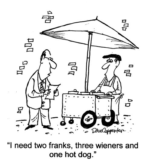 'I need two franks, three wieners and one hot dog.'