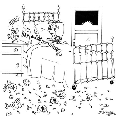 A man in bed shoots his ringing alarm clock and his floor is littered with clocks,
