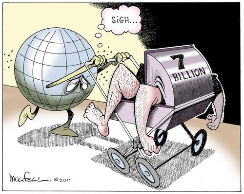 World pushing '7 billion' pram.