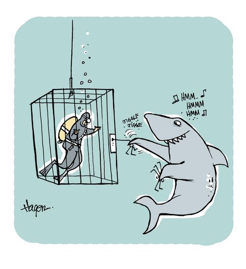Shark picking lock to diver's cage.