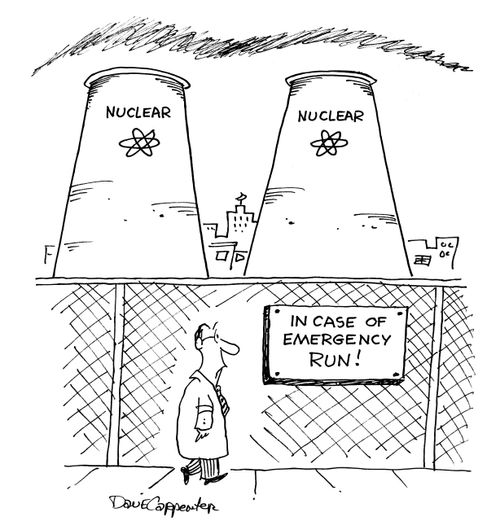 A sign at a nuclear power plant - 'In case of emergency run!'