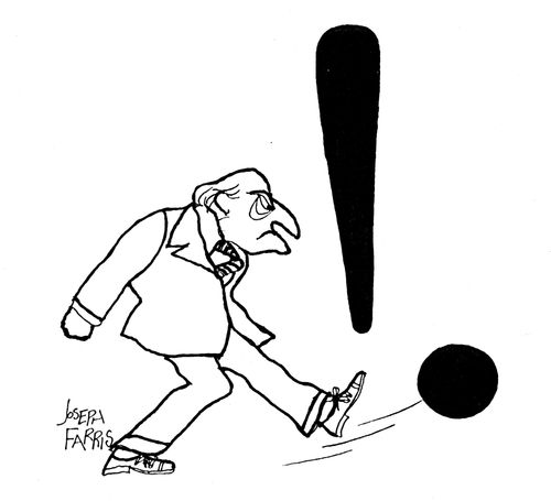 Grumpy old man kicking exclamation mark.