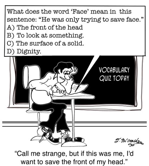 'What does the word ‘Face' mean in this sentence: 'He was only trying to save face.' A) The front of the head. B)To look at something. C) The surface of a solid. D) Dignity. 