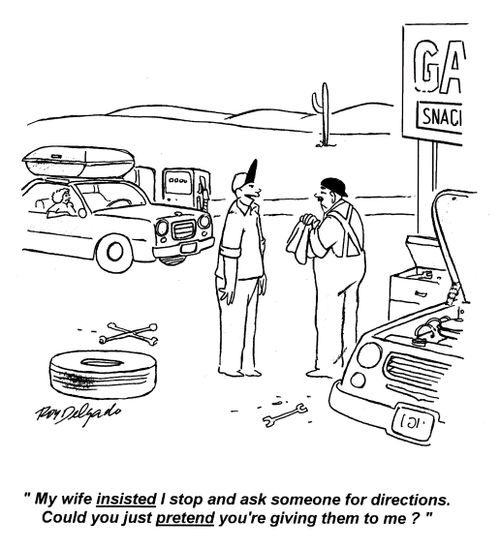 'My wife insisted I stop and ask someone for directions. Could you just pretend you're giving them to me?'