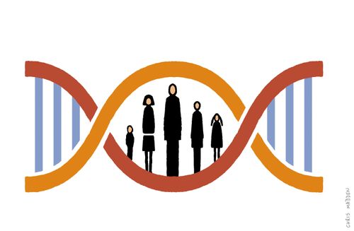 The dna double helix, with a human family taking the place of the dna rungs.