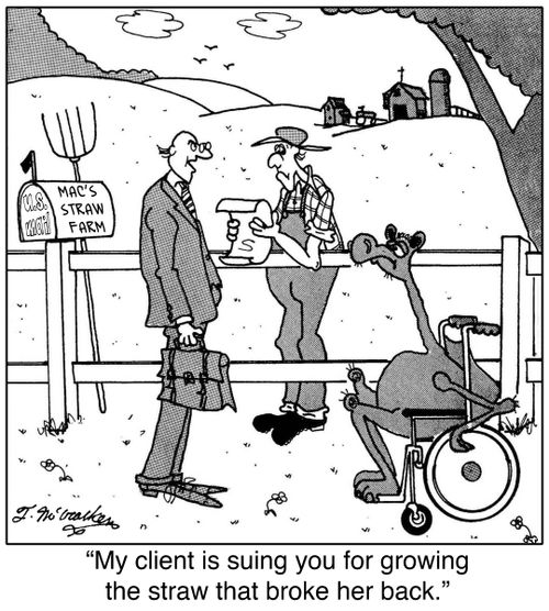My client is suing you for growing the straw that broke her back.