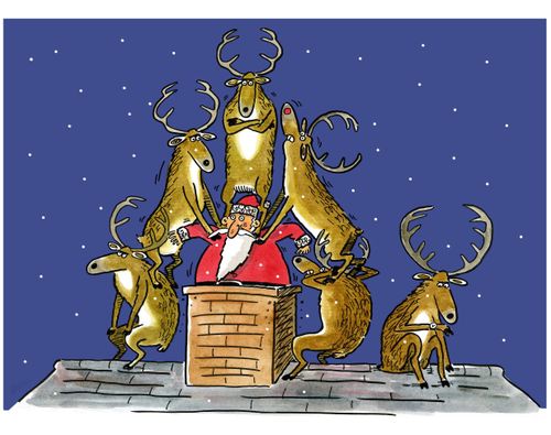 Santa being squeezed into chimney by reindeers.