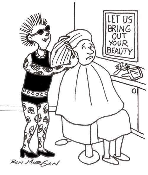 Pierced, tattooed beautician with spiked hair brings out woman's beauty.