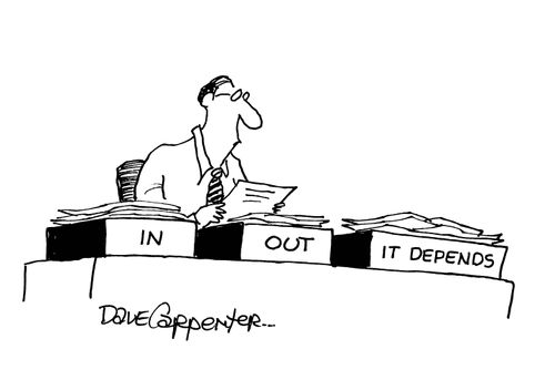 Desk trays - 'In', 'Out', and 'It depends'.
