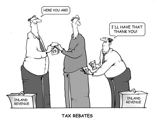 "Here you are!"  "I'll have that, thank you!"  Inland revenue gives/takes away.