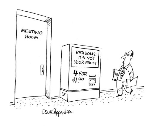 Meeting room has machine outside selling 'Reasons it's not your fault'.
