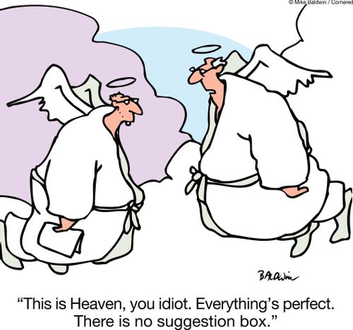 "This is Heaven, you idiot. Everything's perfect. There is no suggestion box."