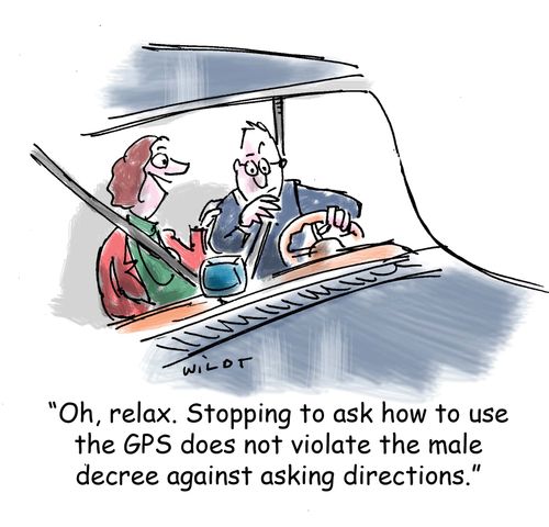 'Oh, relax. Stopping to ask how to use the GPS does not violate the male decree against asking directions.'