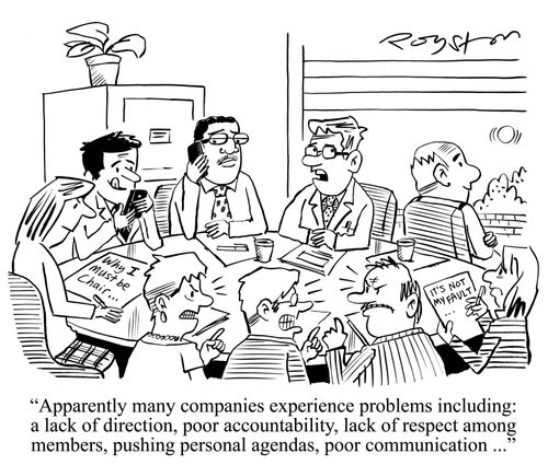 'Apparently many companies experience problems including: a lack of direction, poor accountability, lack of respect among members, pushing personal agendas, poor communication ...'