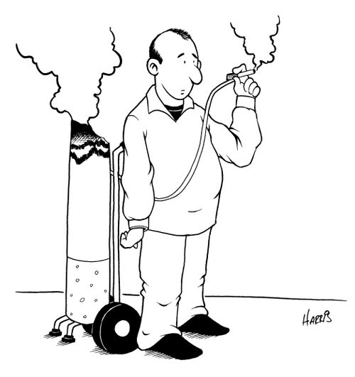 Smoker with burning oxygen tank like a cigarette.